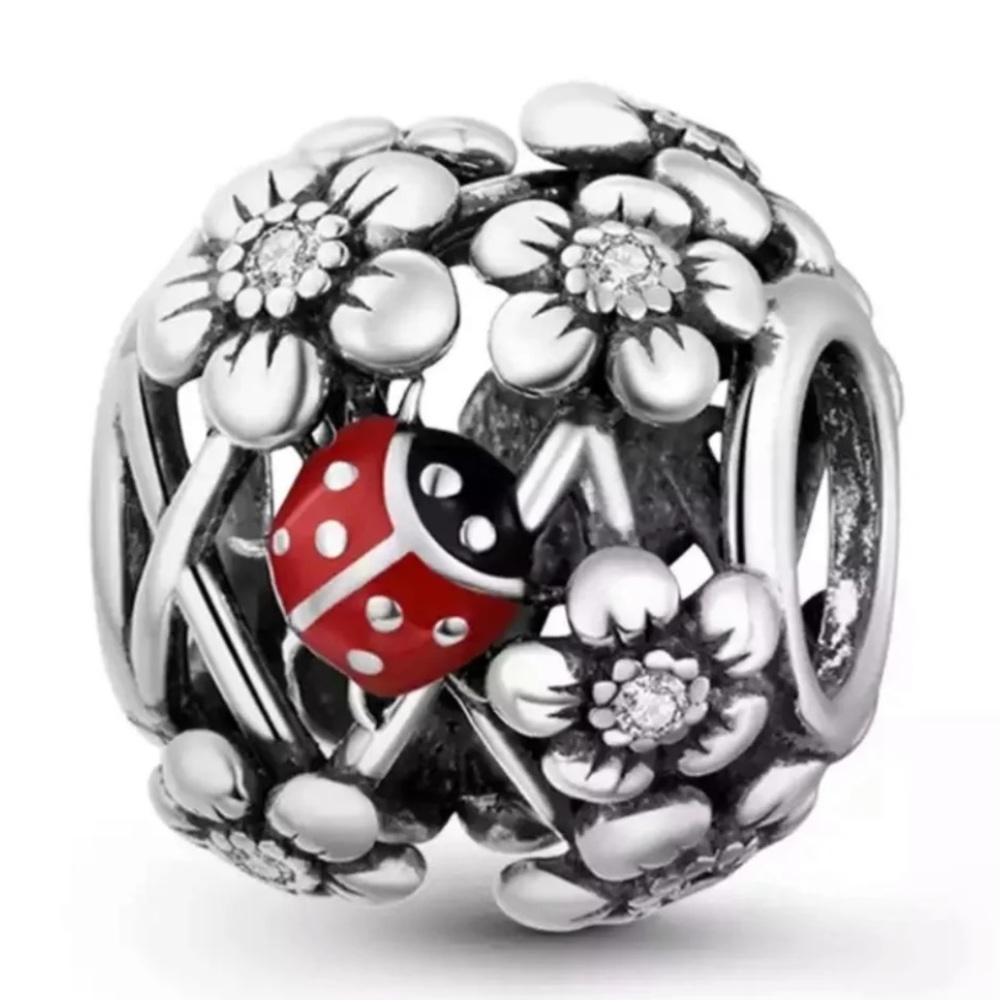 Lucky Ladybug on Flowers Open Charm